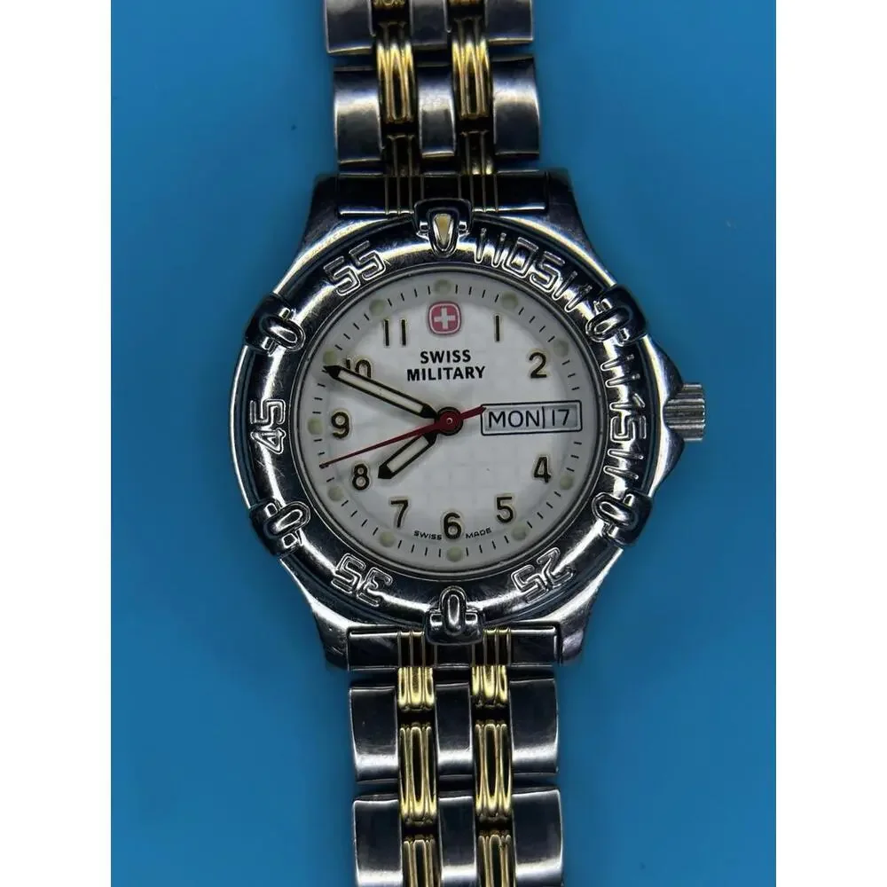 Swiss Military Vintage 90’s Pink Cross Ladies Stainless Steel 2 Tone Day Date - Picture 3 of 7